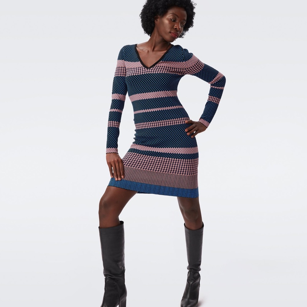 Diane Von Furstenberg Klaus Sweater Dress Multi Stripe Blue XS